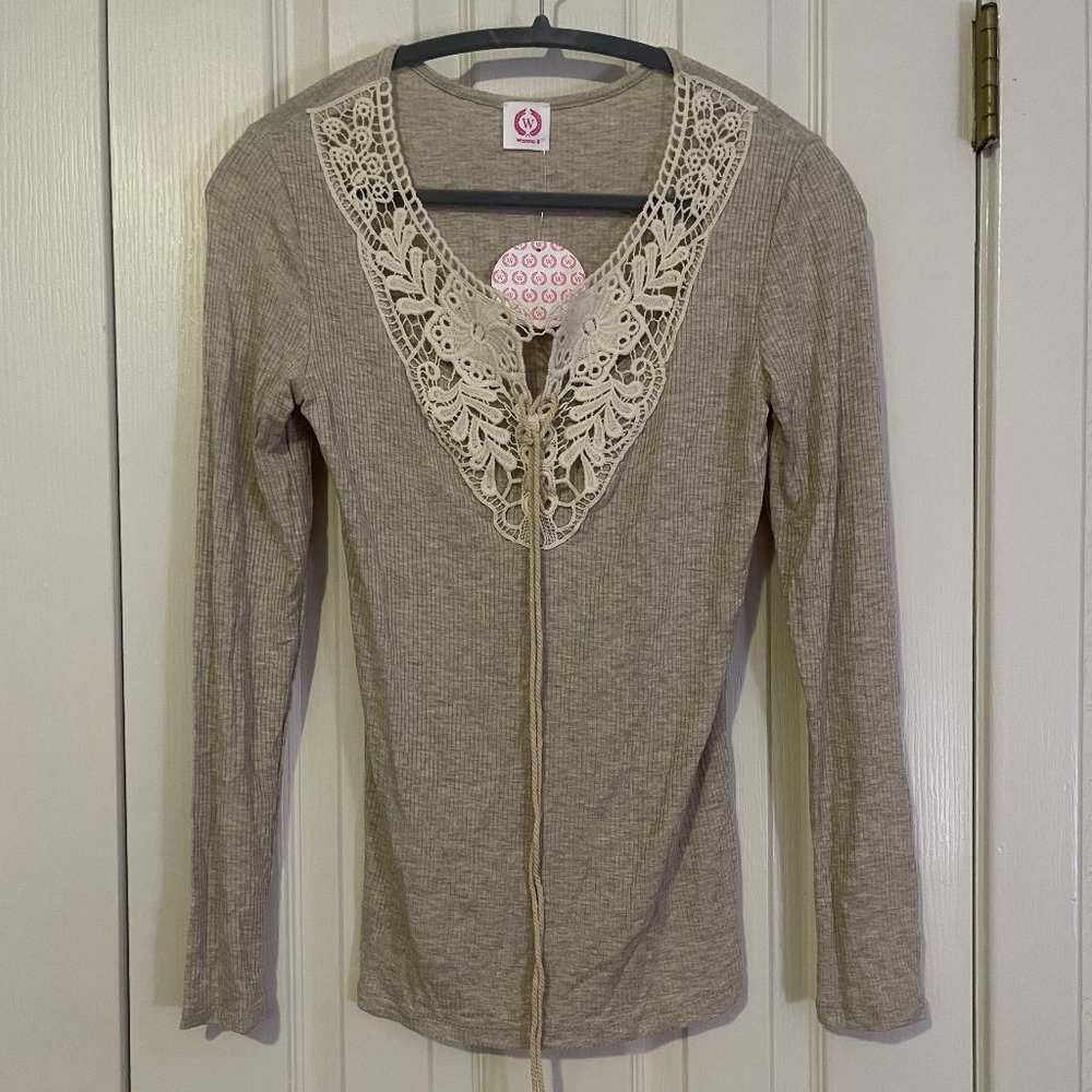 Long-Sleeve Rib Knit Jersey with Lace Scoop Neck